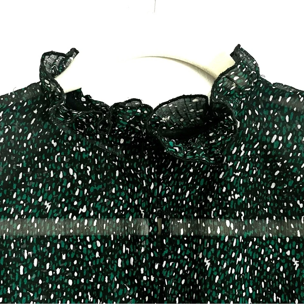Zara Oversize Chiffon Pleated High Ruffle Neck Semi Sheer Blouse Oversize XS EUC